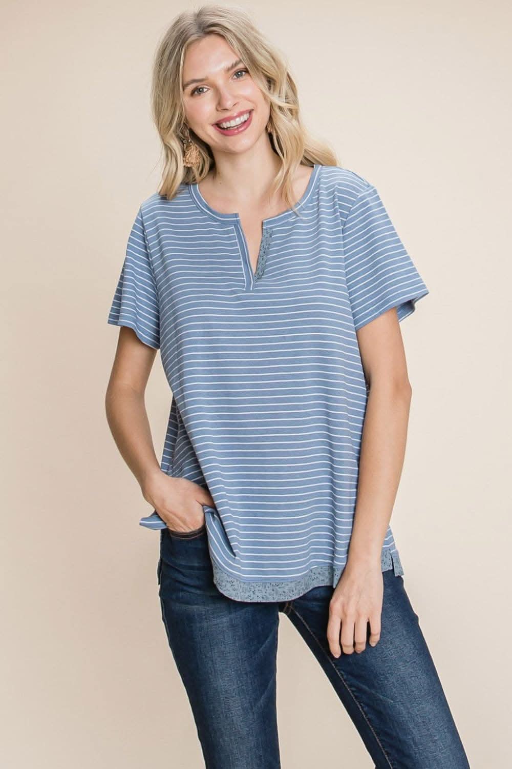 Elevate your look with the Cotton Bleu slit striped notched tee - Love Salve 