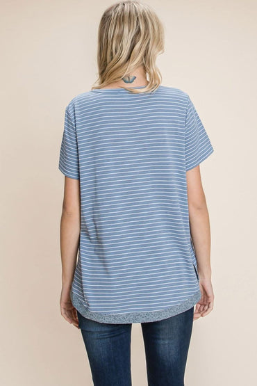 Elevate your look with the Cotton Bleu slit striped notched tee - Love Salve 