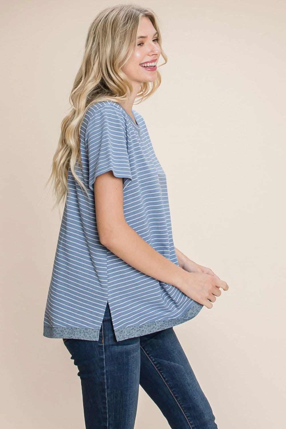 Elevate your look with the Cotton Bleu slit striped notched tee - Love Salve 