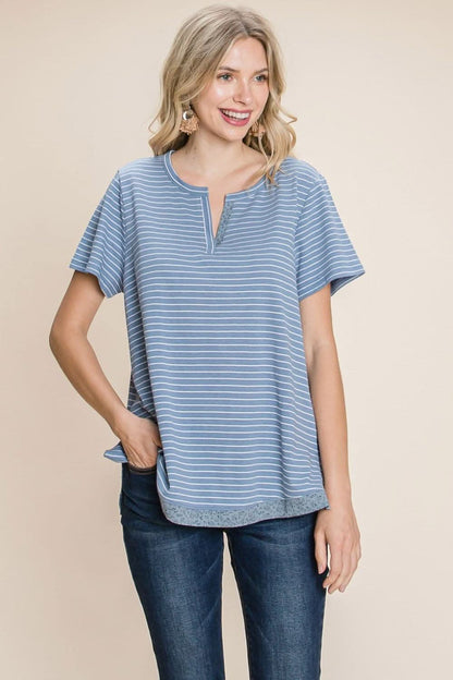 Elevate your look with the Cotton Bleu slit striped notched tee - Love Salve 