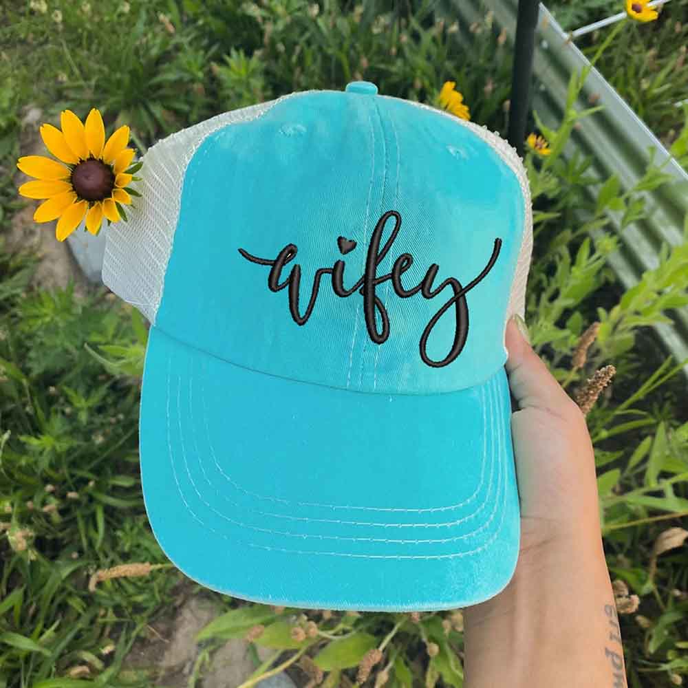 Embroidered Wifey/Hubby Pigment-Dyed Trucker Hat – Anniversary Gift Cap Adorb.co