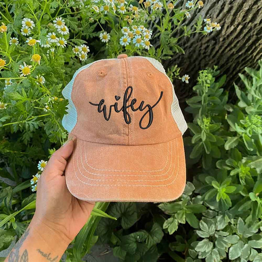 Embroidered Wifey/Hubby Pigment-Dyed Trucker Hat – Anniversary Gift Cap Adorb.co