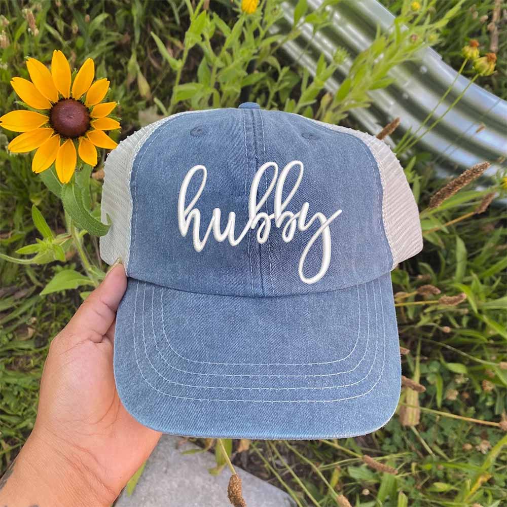 Embroidered Wifey/Hubby Pigment-Dyed Trucker Hat – Anniversary Gift Cap Adorb.co