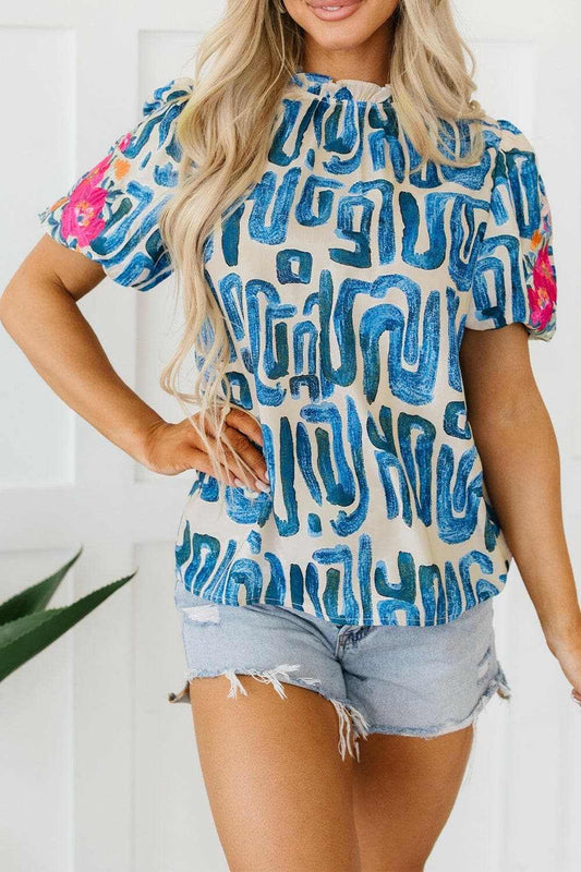 Embroidered mock neck blouse - short sleeves - Love Salve 