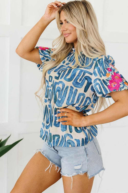Embroidered mock neck blouse - short sleeves - Love Salve 