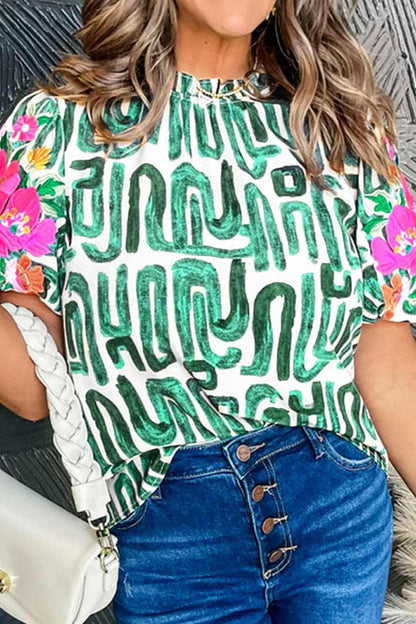 Embroidered mock neck blouse - short sleeves - Love Salve 