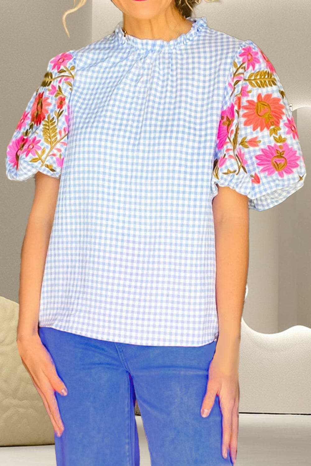 Embroidered plaid cotton blouse 