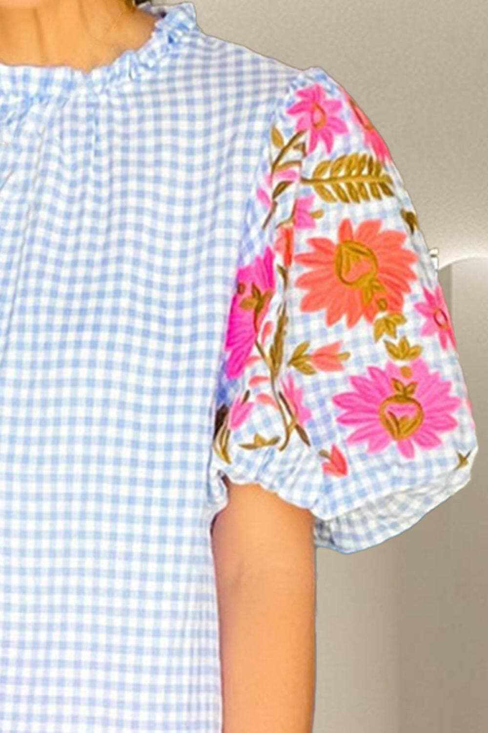 Embroidered plaid cotton blouse 