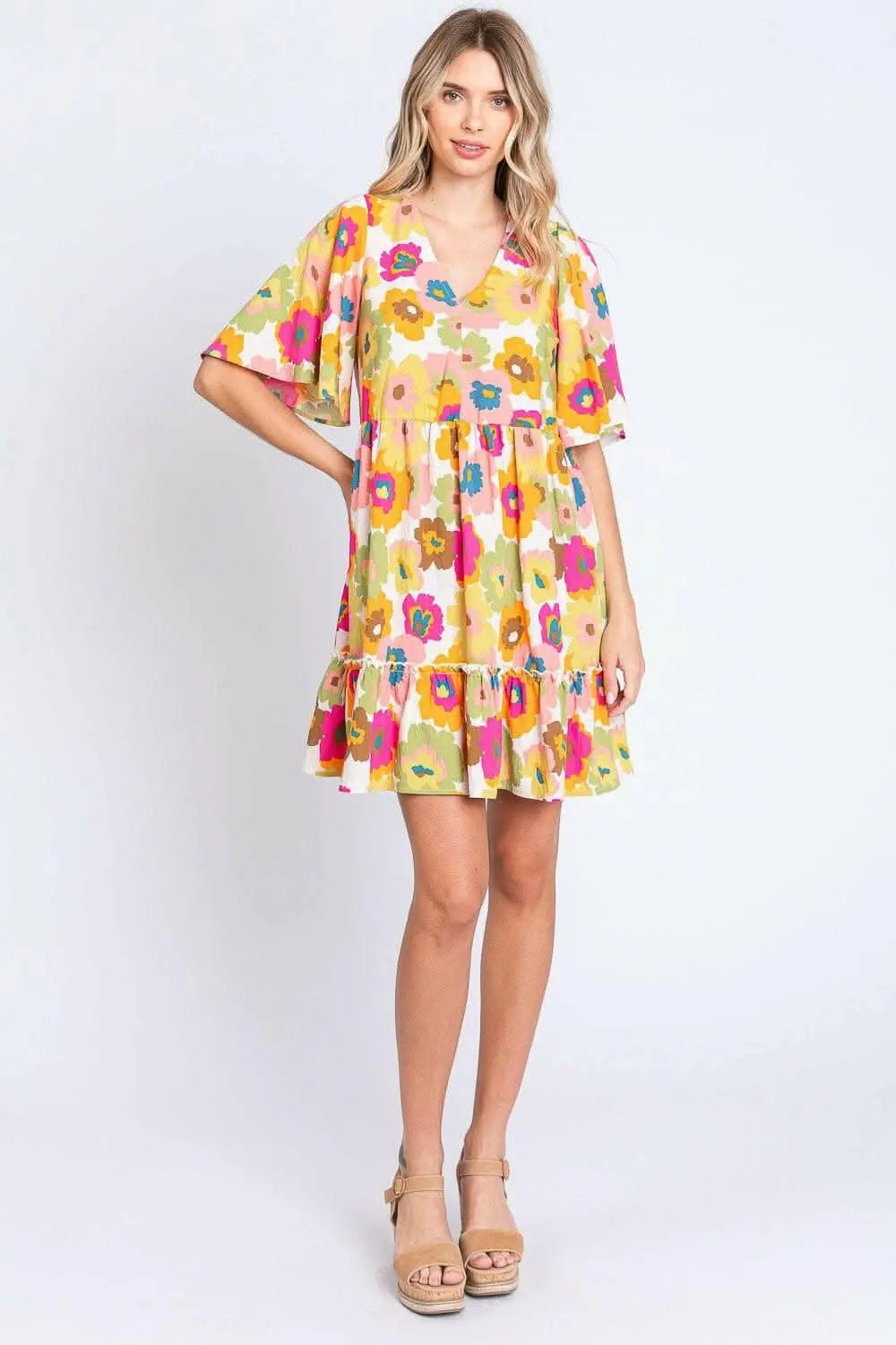 Enchanting Floral V-Neck Ruffle Hem Dress - Love Salve 