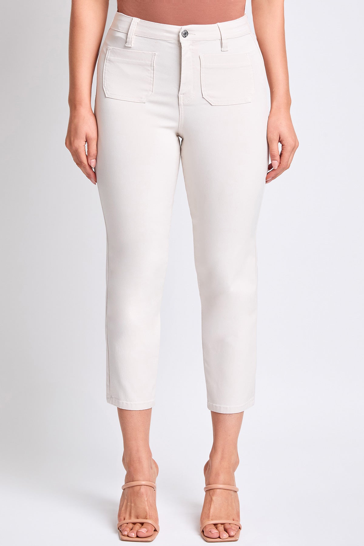 Close-up of the soft, flexible hyperstretch fabric on YMI JEANS Women's Crop Straight Pants, highlighting comfort.