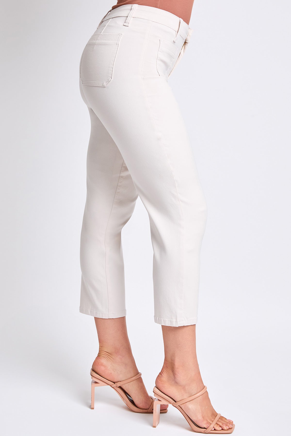 Model wearing YMI JEANS Women's Hyperstretch Crop Straight Pants, illustrating their comfortable fit for active days.