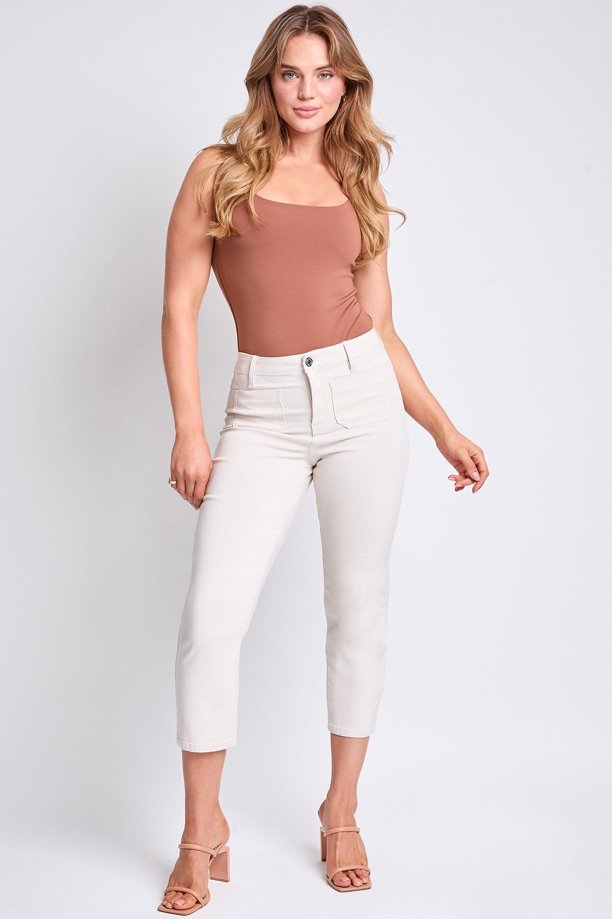 Side view of YMI JEANS Women's Hyperstretch Crop Straight Pants, showcasing the flattering cropped straight leg design.