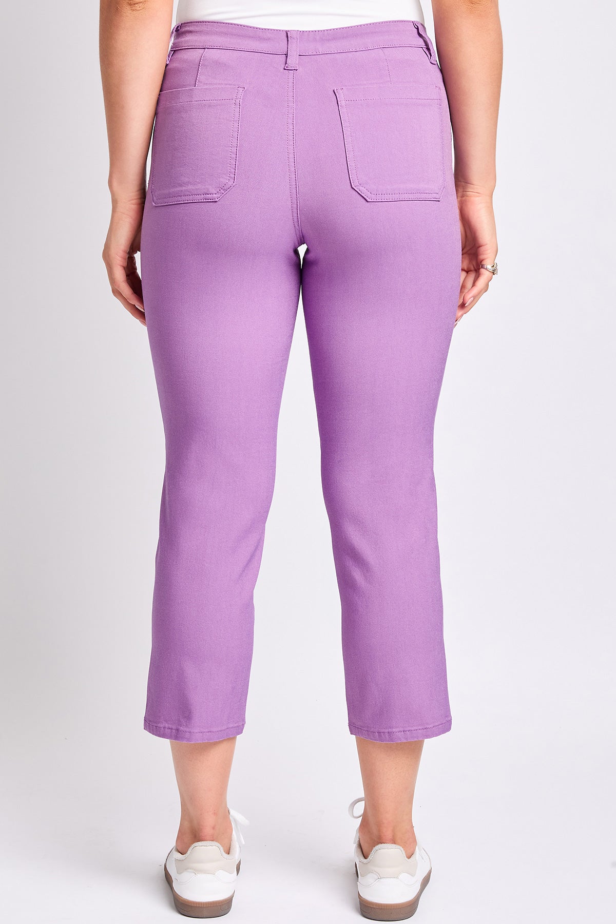 Subtle brand detail on YMI JEANS Women's Hyperstretch Crop Straight Pants, emphasizing the quality craftsmanship.
