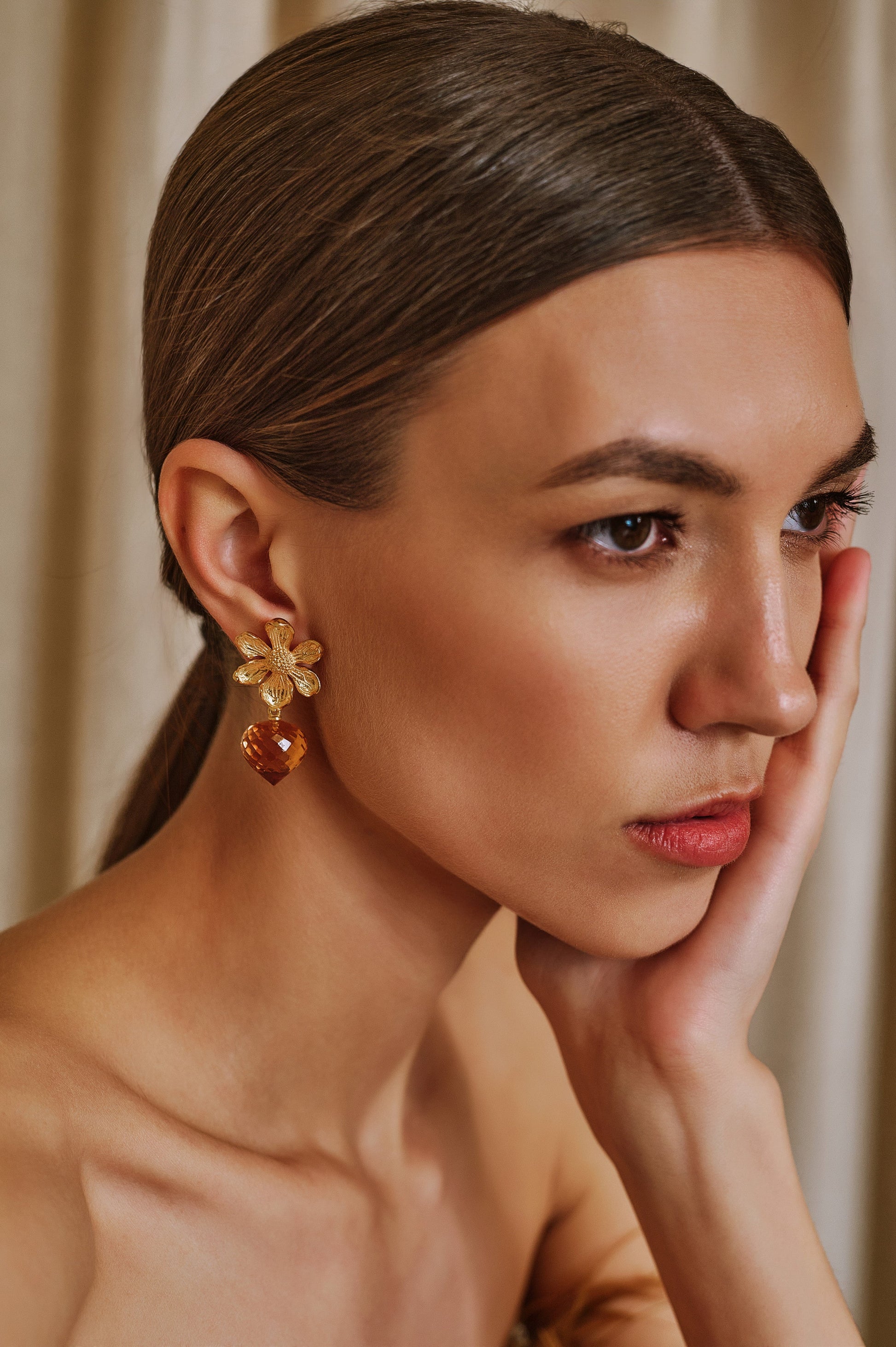 Ember Flower Earrings with Citrine Stone Drops in Sterling Silver and 18K Gold Plate - Love Salve 