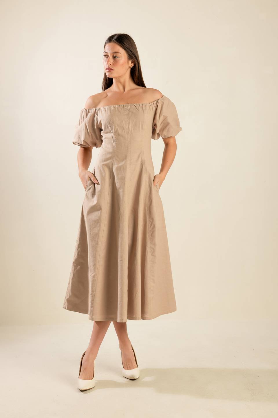 PROTECTING MY PEACE TAUPE WOVEN MIDI DRESS Flying Tomato
