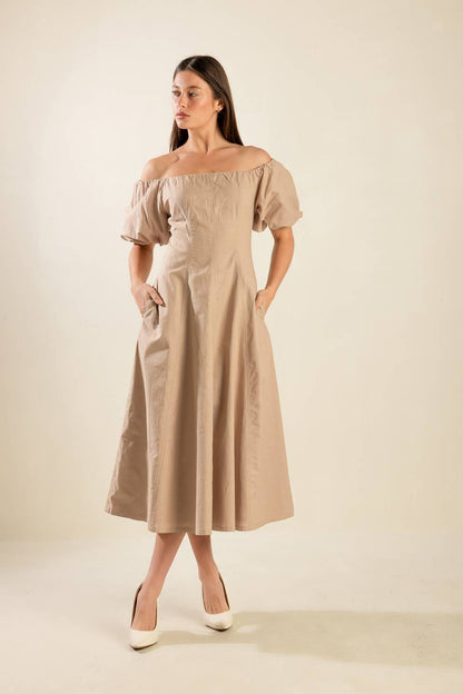 PROTECTING MY PEACE TAUPE WOVEN MIDI DRESS