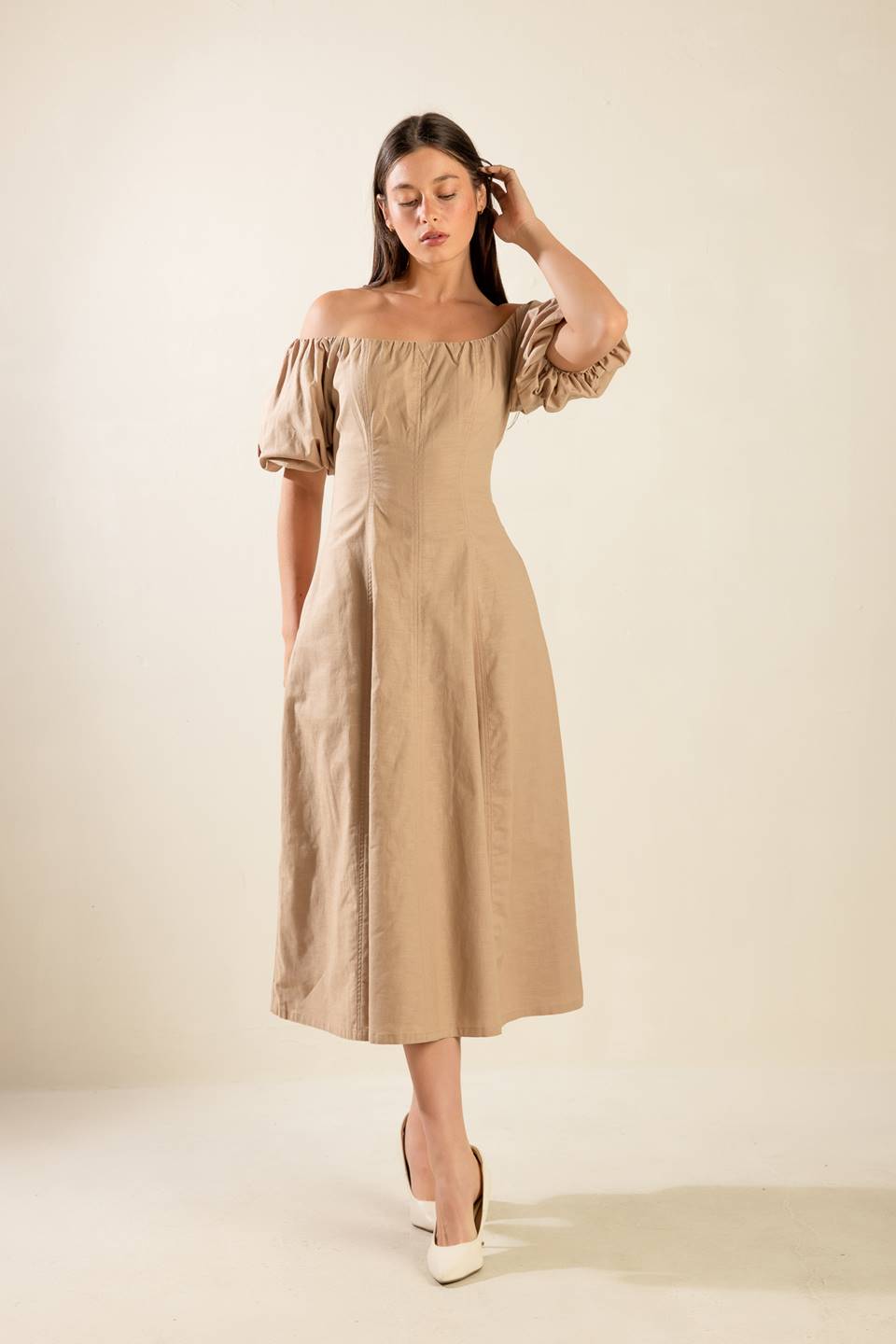 PROTECTING MY PEACE TAUPE WOVEN MIDI DRESS Flying Tomato