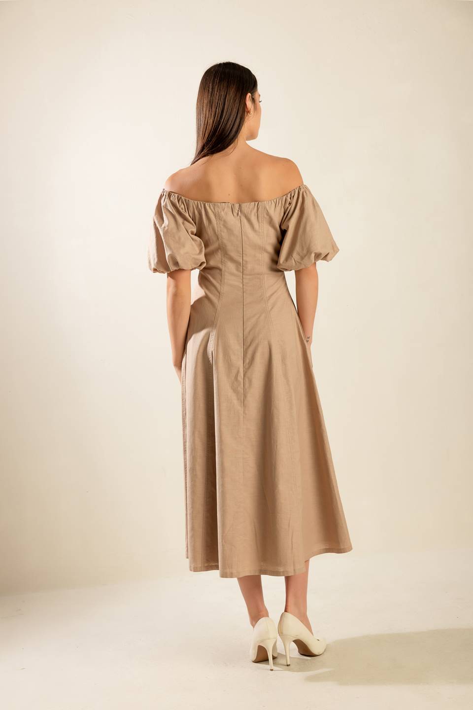 PROTECTING MY PEACE TAUPE WOVEN MIDI DRESS Flying Tomato