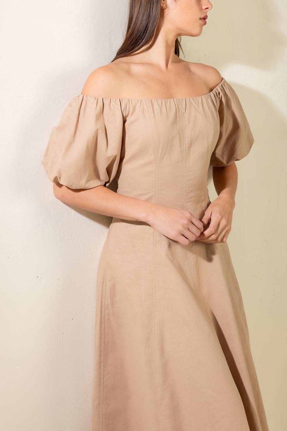 PROTECTING MY PEACE TAUPE WOVEN MIDI DRESS Flying Tomato