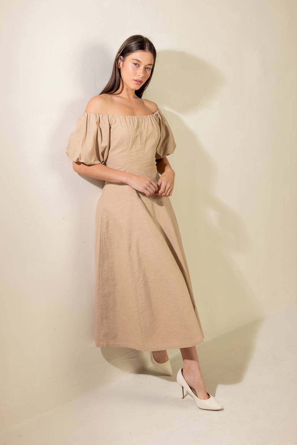 PROTECTING MY PEACE TAUPE WOVEN MIDI DRESS