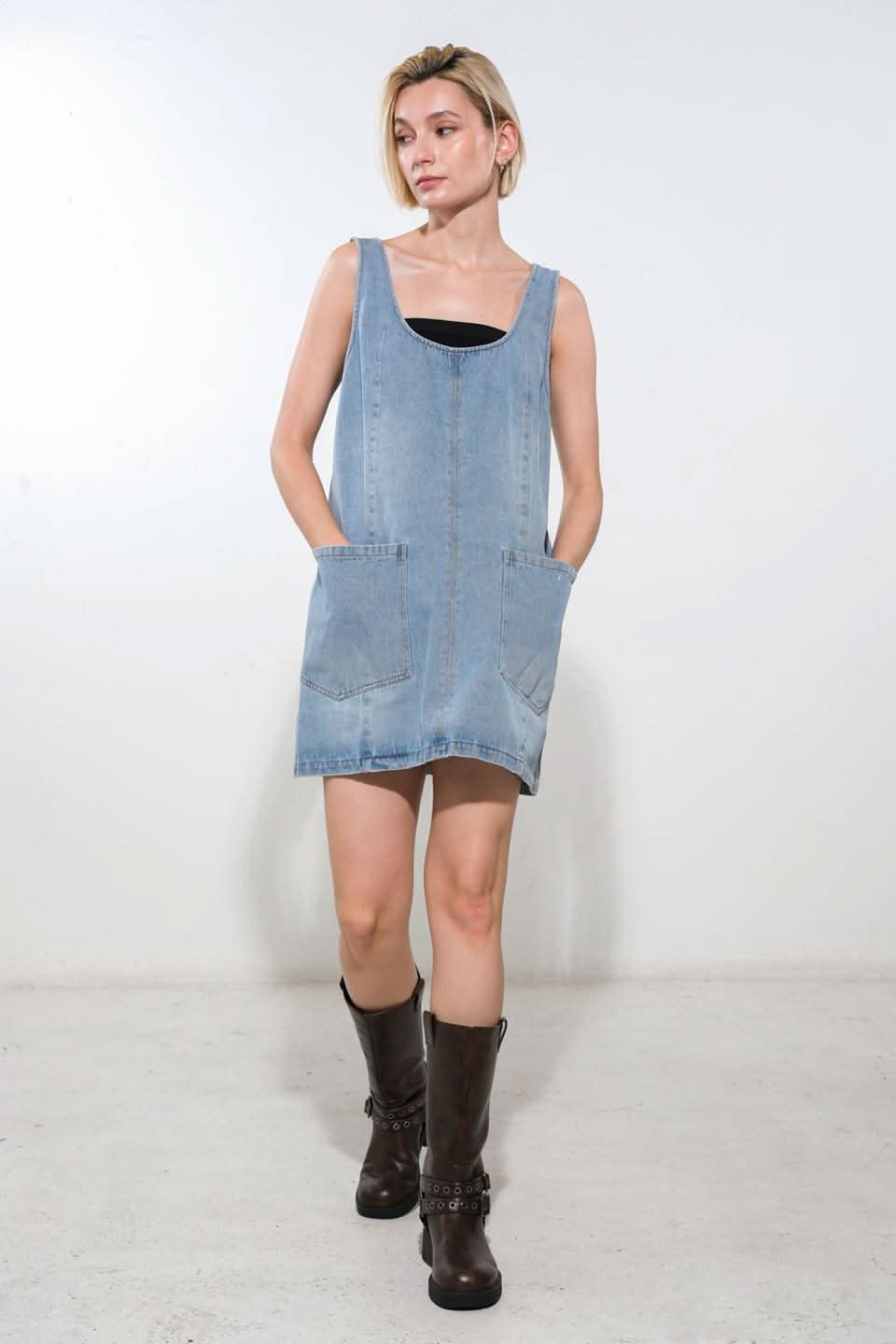 DENIM DIVA ADJUSTABLE STRAP MINI DRESS