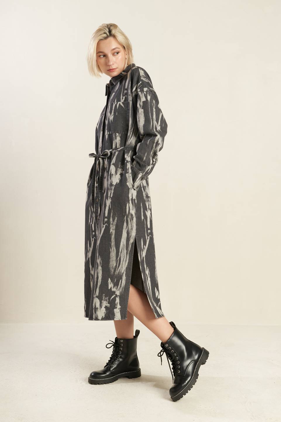 HERE & NOW WOVEN DENIM MIDI SHIRT DRESS