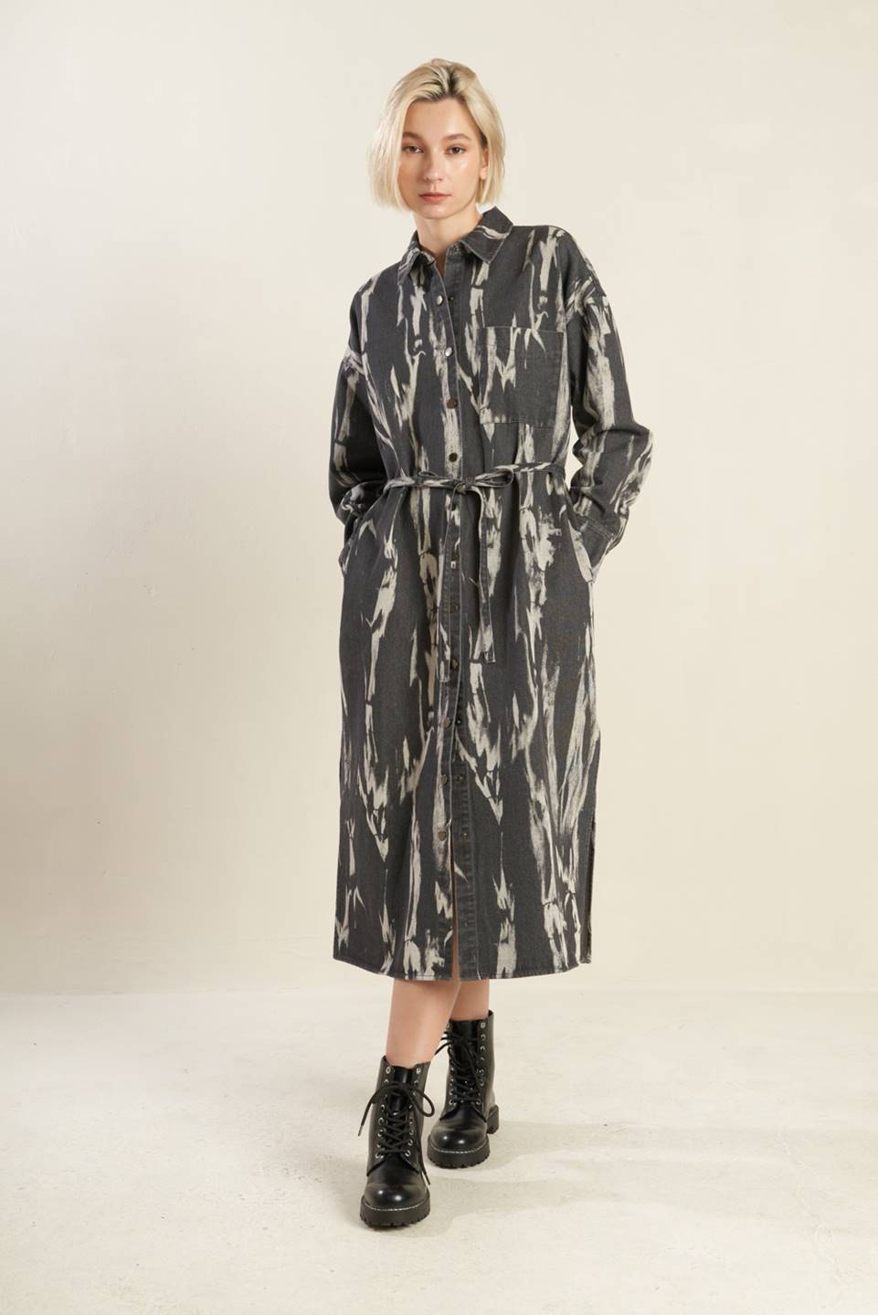 HERE & NOW WOVEN DENIM MIDI SHIRT DRESS