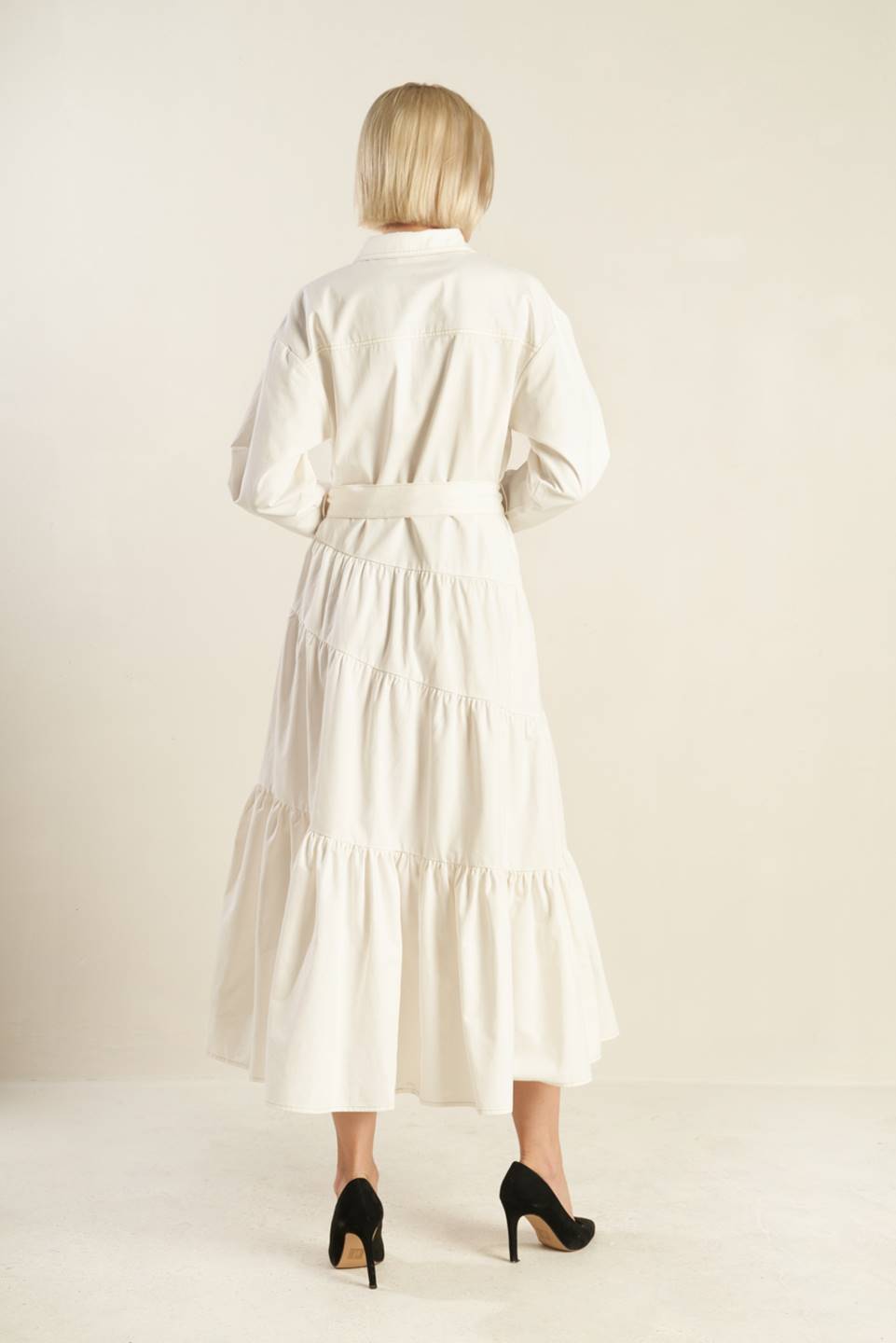 ANYTIME NOW WOVEN TWILL MIDI DRESS