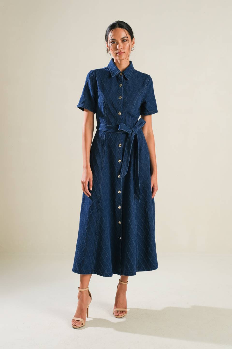 CONFIDENT STRIDES DENIM MIDI DRESS Flying Tomato