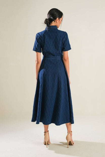 CONFIDENT STRIDES DENIM MIDI DRESS