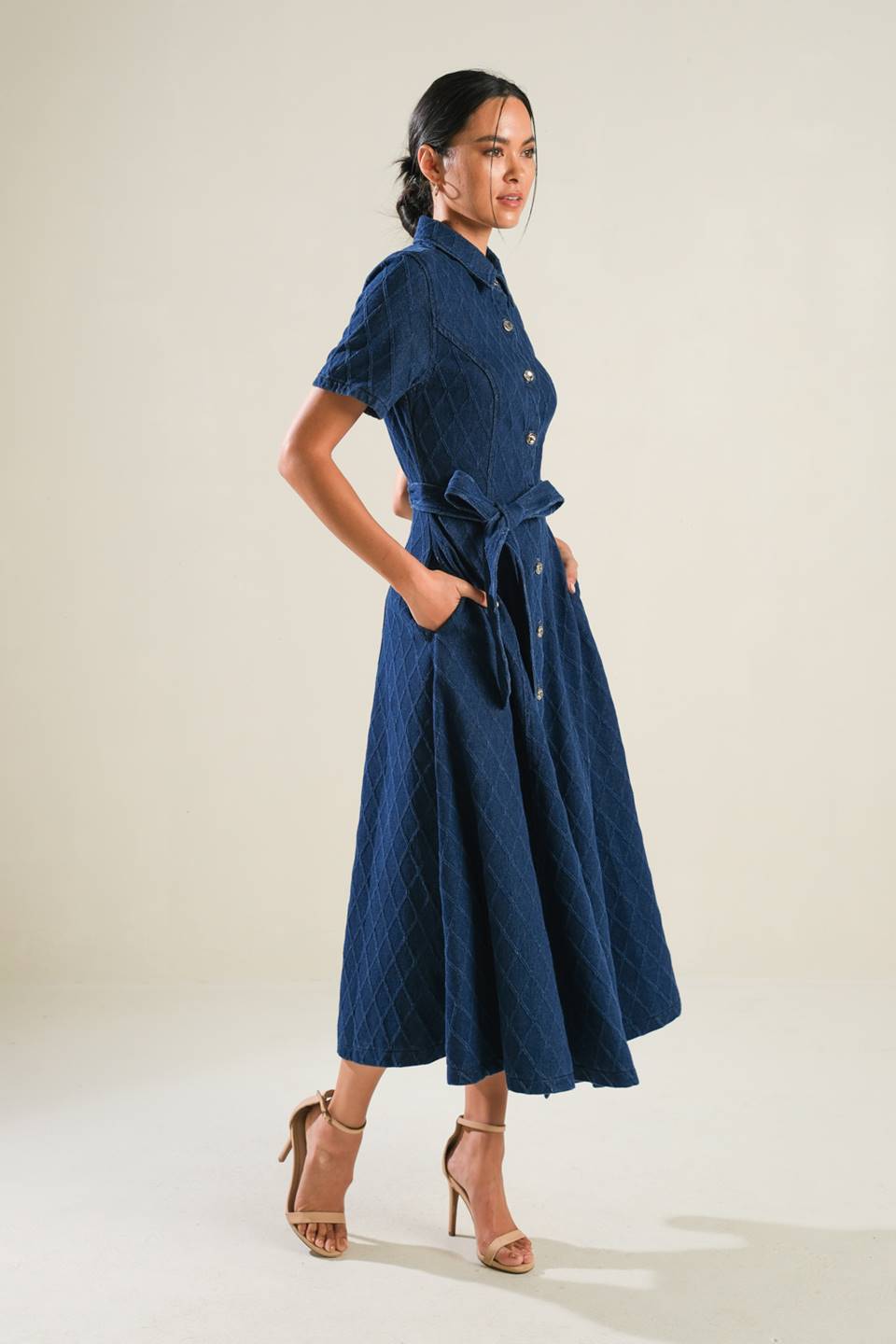 CONFIDENT STRIDES DENIM MIDI DRESS