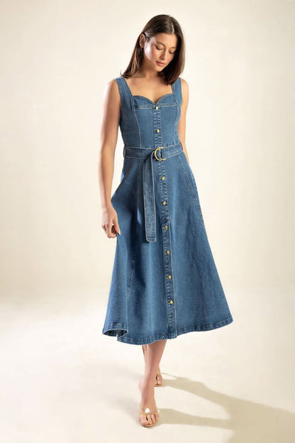 Charming Denim Midi Dress with Sweetheart Neckline