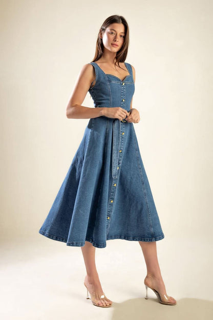 Charming Denim Midi Dress with Sweetheart Neckline