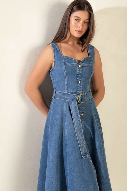 Charming Denim Midi Dress with Sweetheart Neckline