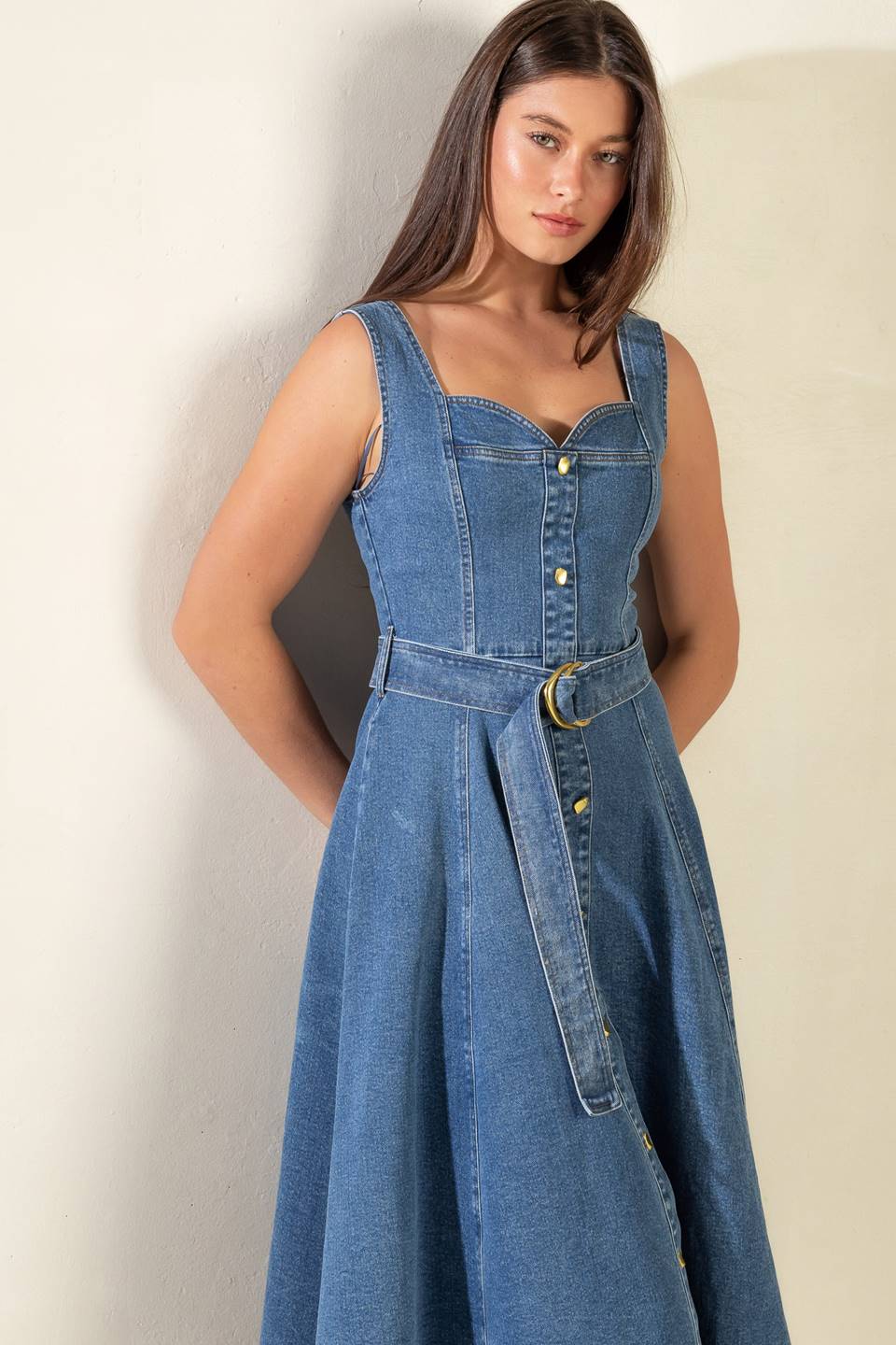 PRETTIEST BEHAVIOR DENIM MIDI DRESS Flying Tomato
