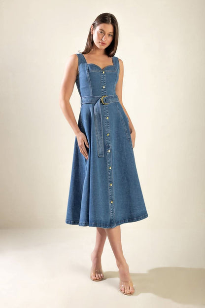 Charming Denim Midi Dress with Sweetheart Neckline