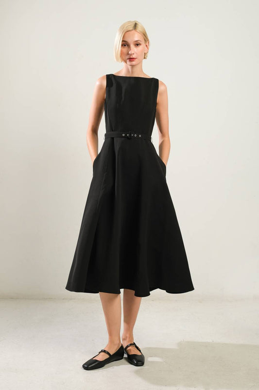 LIVING THE DREAM BLACK WOVEN MIDI DRESS Flying Tomato