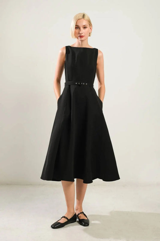 Living The Dream Black Woven Midi Dress With Self Belt And Side Pocket Flying Tomato