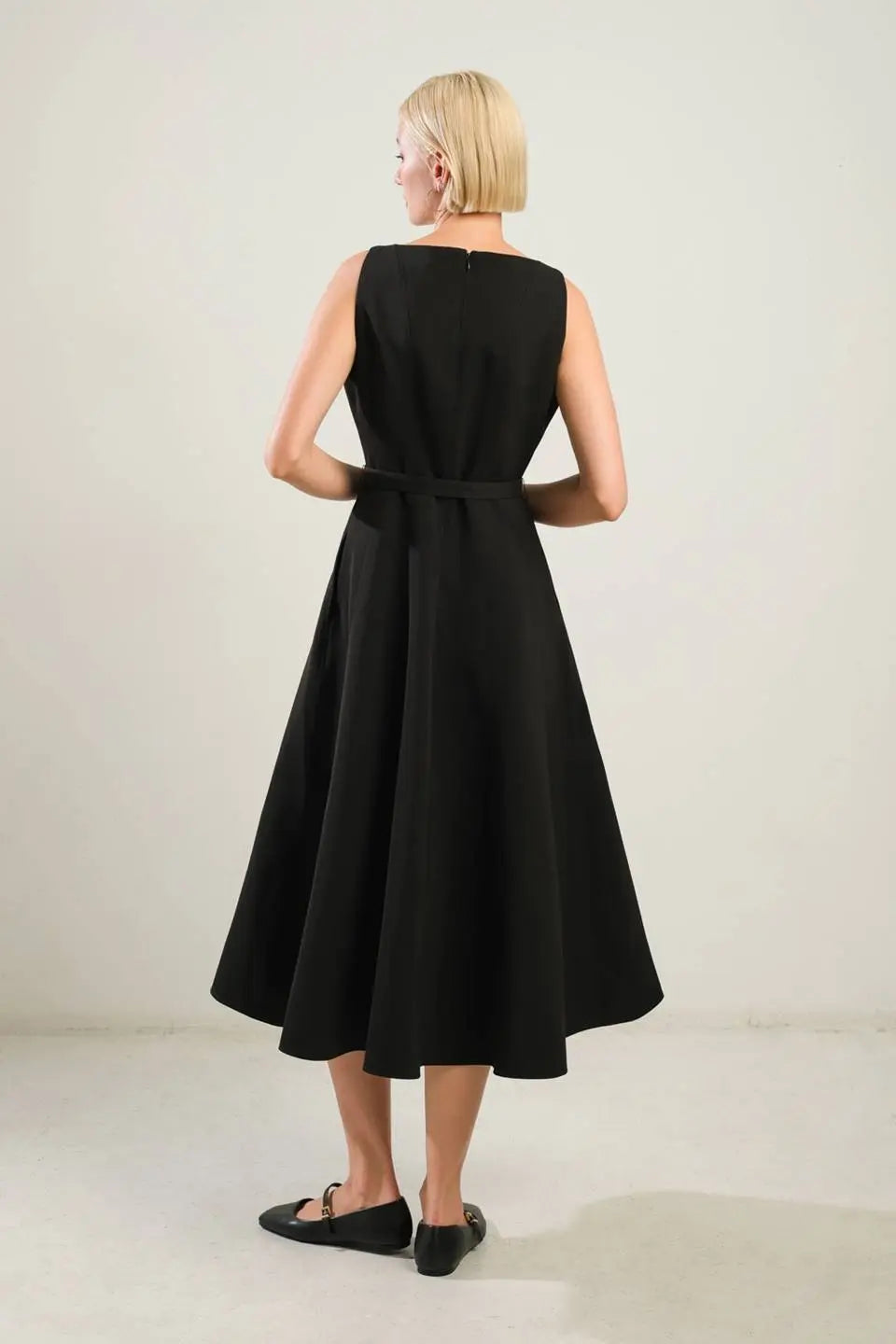 Living The Dream Black Woven Midi Dress With Self Belt And Side Pocket Flying Tomato