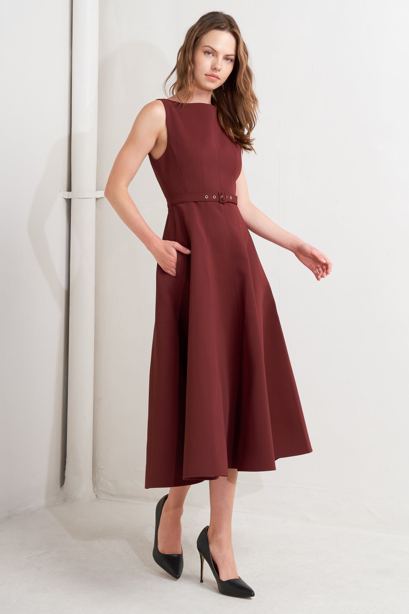 LIVING THE DREAM WINE WOVEN MIDI DRESS Flying Tomato