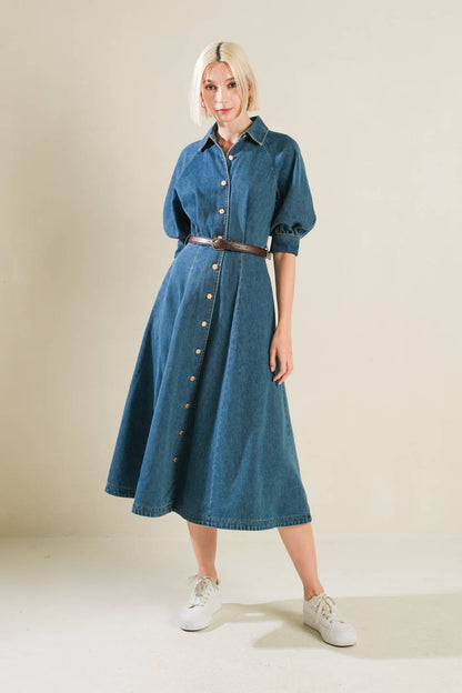 DIVIDE AND CONTOUR DENIM MIDI DRESS