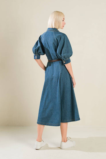 DIVIDE AND CONTOUR DENIM MIDI DRESS