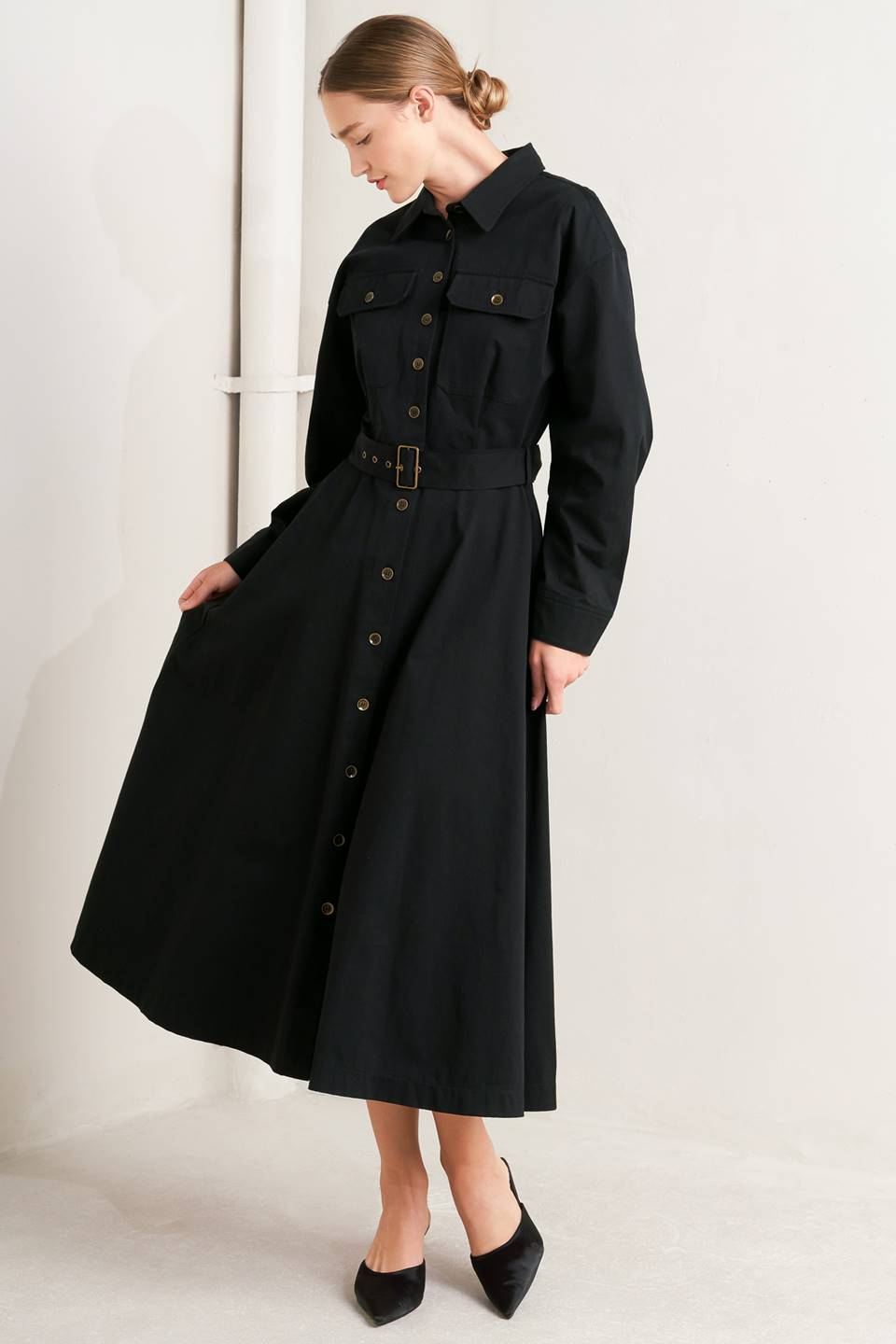 Charming Decision Woven Midi Dress With Self Belt Pockets Flying Tomato