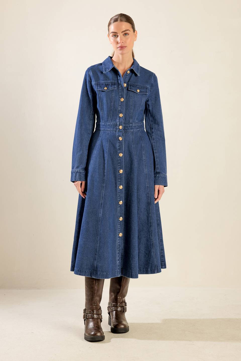 DRIFTING THOUGHTS DENIM MIDI DRESS Flying Tomato