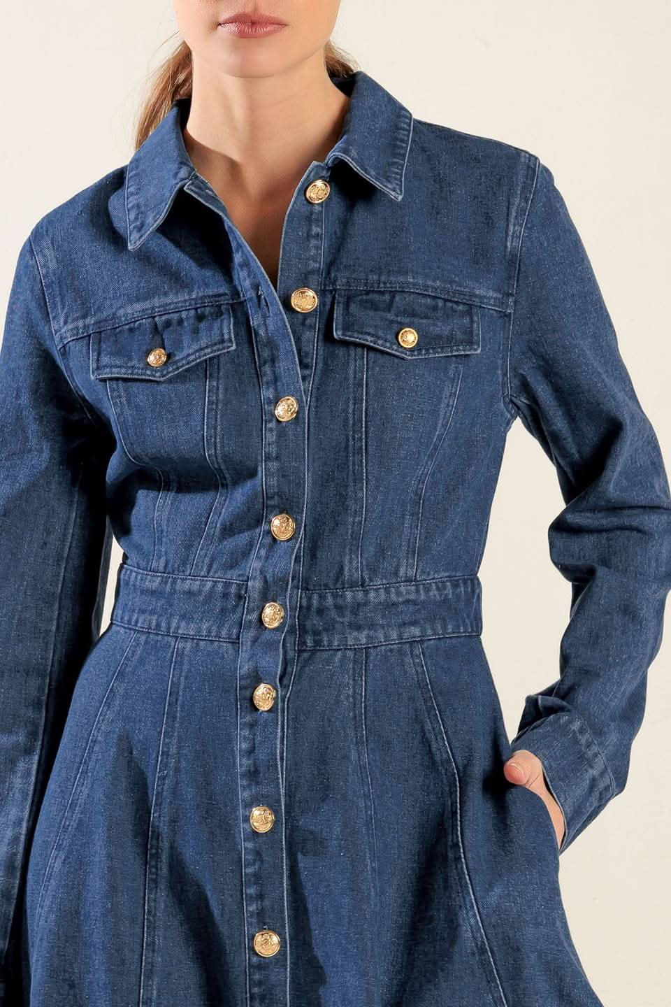 WASHED DENIM A-LINE MIDI DRESS