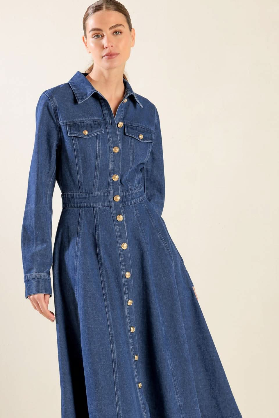 WASHED DENIM A-LINE MIDI DRESS