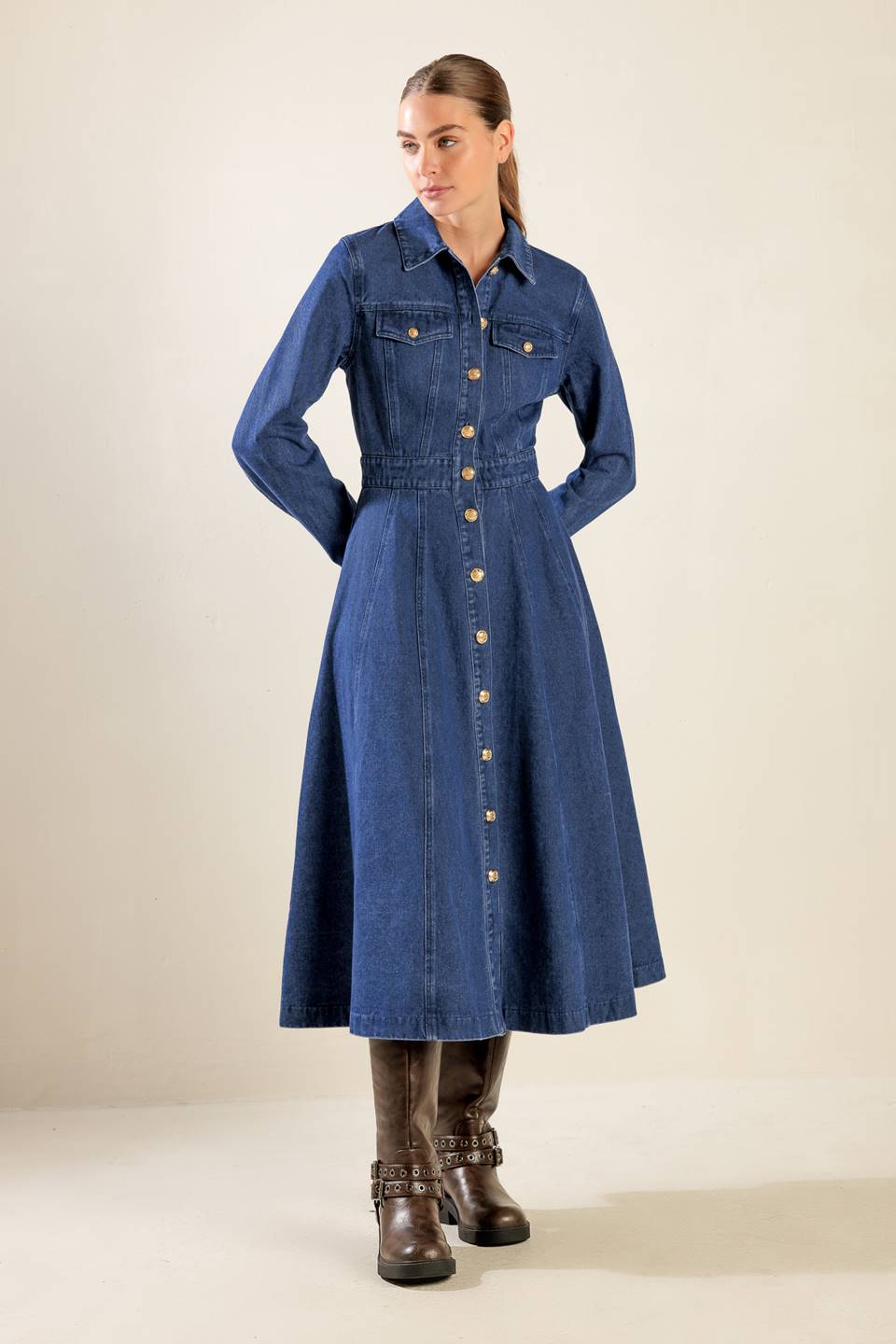 DRIFTING THOUGHTS DENIM MIDI DRESS Flying Tomato