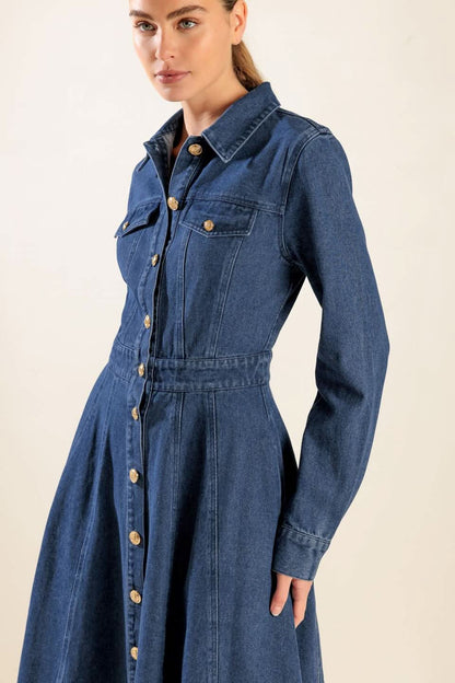 WASHED DENIM A-LINE MIDI DRESS