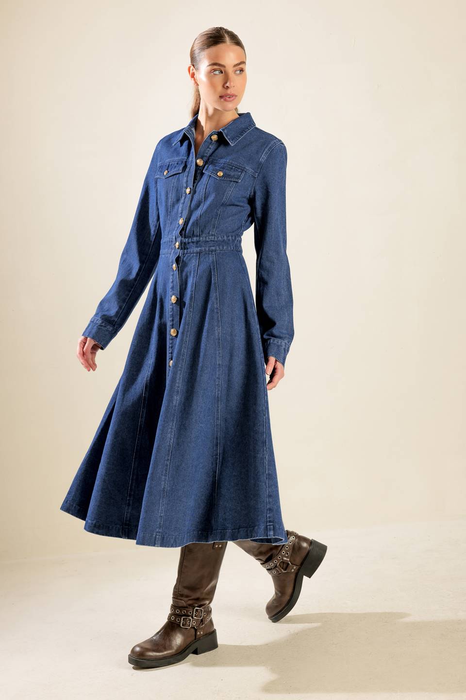 DRIFTING THOUGHTS DENIM MIDI DRESS Flying Tomato