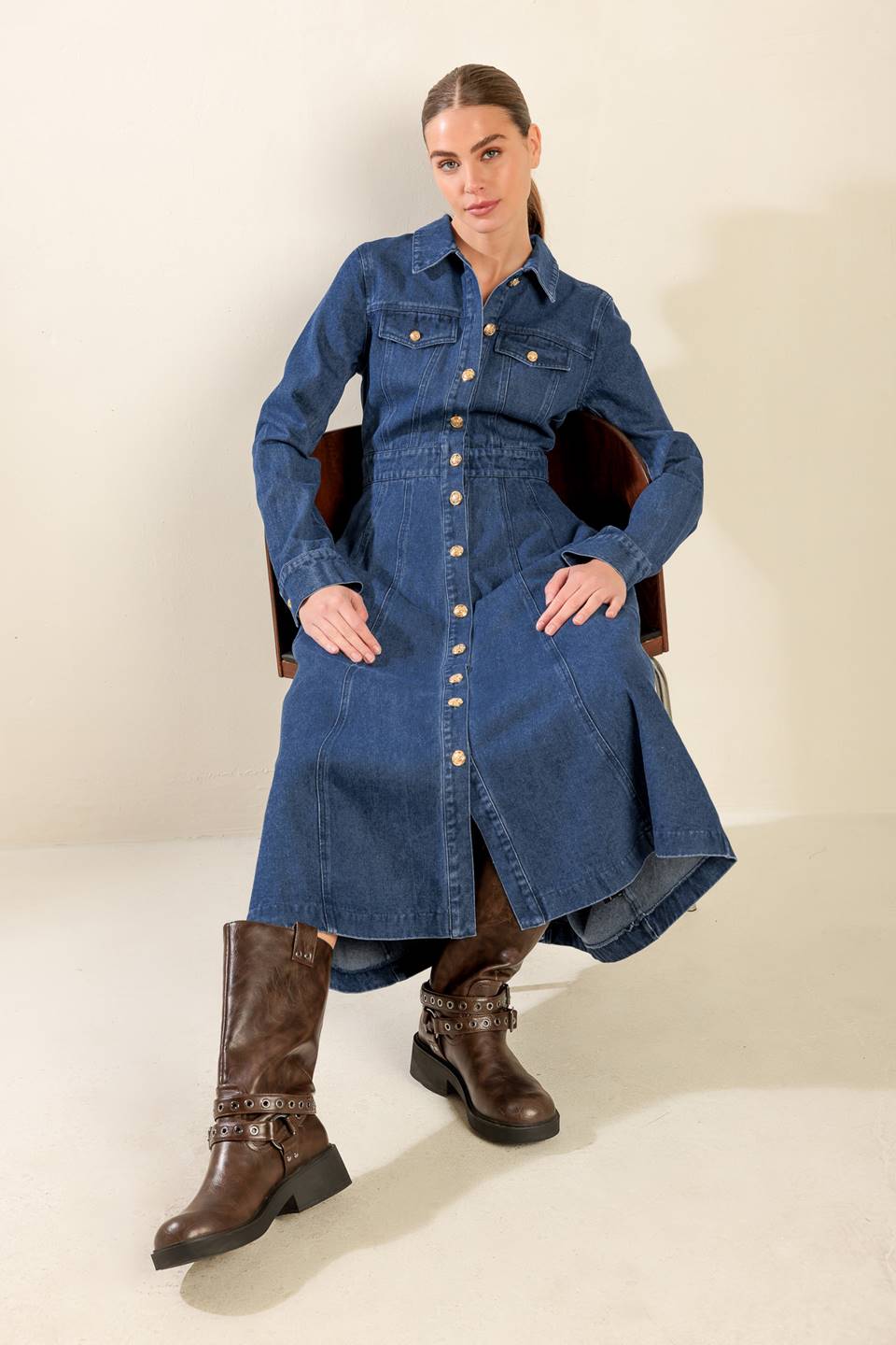 DRIFTING THOUGHTS DENIM MIDI DRESS Flying Tomato